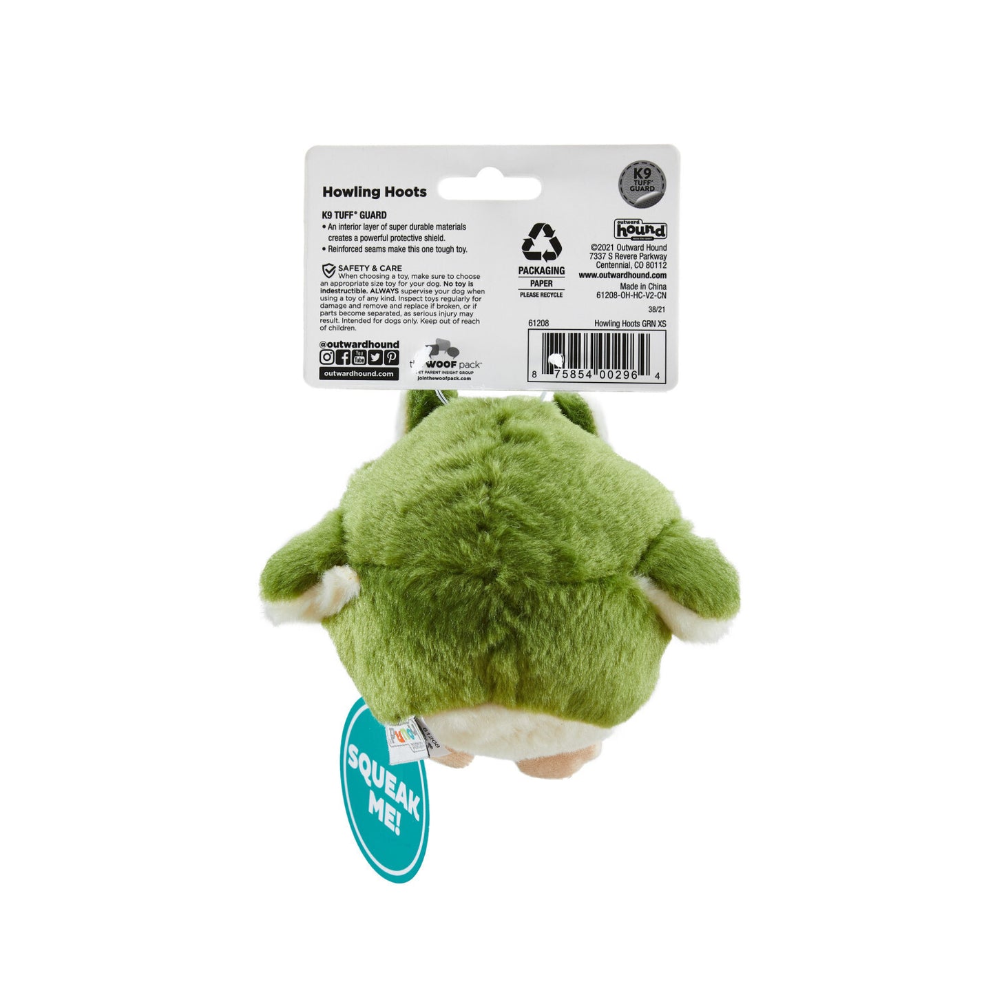 Outward Hound Durable Plush Dog Toy - Howling Hoots Green