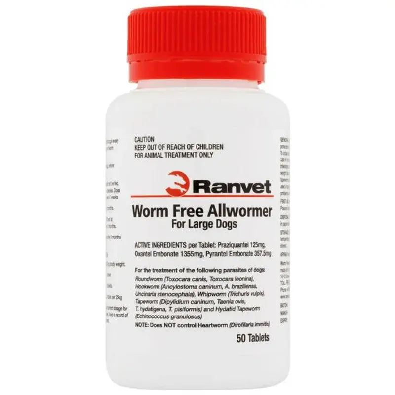 Ranvet Worm Free Allwormer (White Label)25Kg L Dog 50Tabs