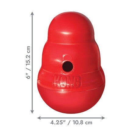 KONG Wobbler Small size guide, 6 inch / 15.2 cm treat dispensing dog toy, official KONG image
