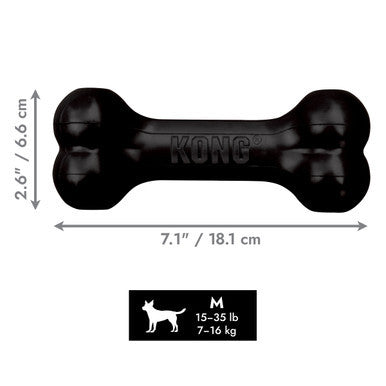 KONG Extreme Goodie Bone Medium size guide, 7.1 inch / 18.1 cm durable black rubber dog bone for dogs 7 to 16 kg, official KONG image