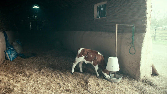 Young calf drinking from a teat bucket in a straw-bedded pen