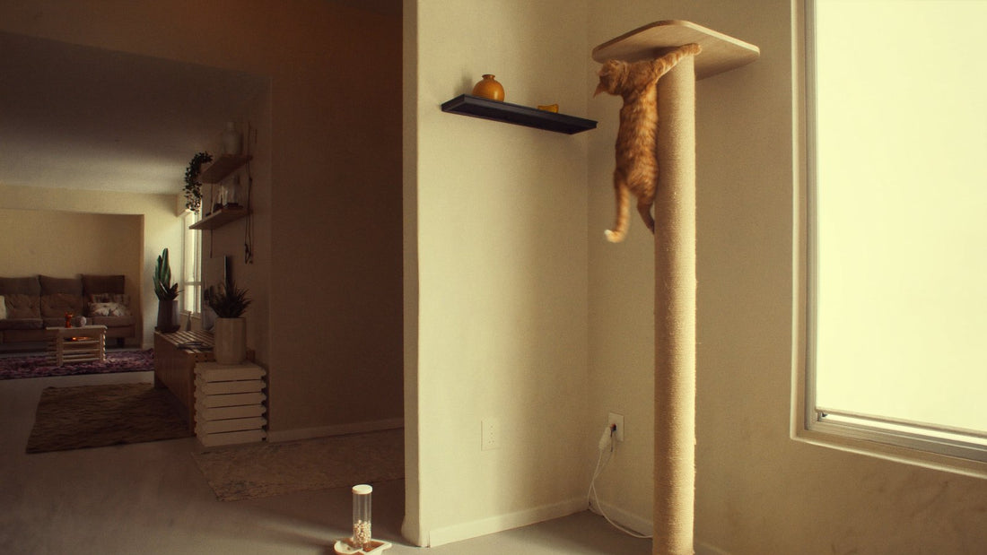 Ginger cat climbing a sisal scratching tower beside a sunny window
