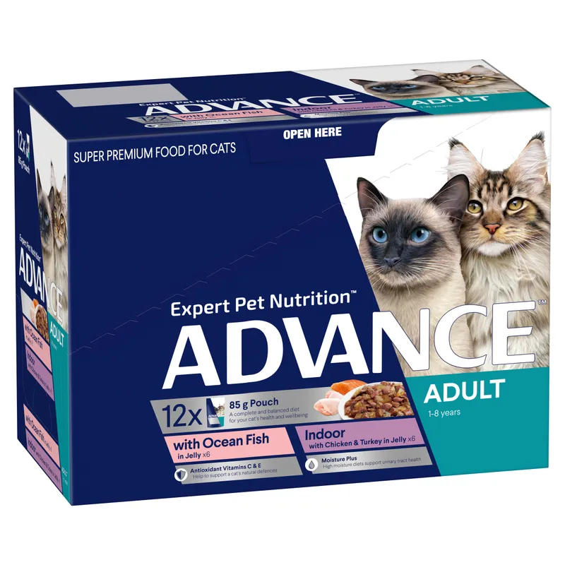 Advance Adult Cat Wet Food Ocean Fish & Indoor Chicken and Turkey in Jelly 85g Pouches 12 Pack