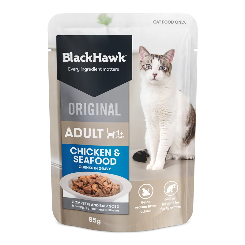 Black Hawk Cat Chicken Seafood In Gravy 85G 12Pk (Om12)