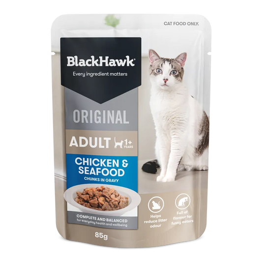 Black Hawk Cat Chicken Seafood In Gravy 85G 12Pk (Om12)