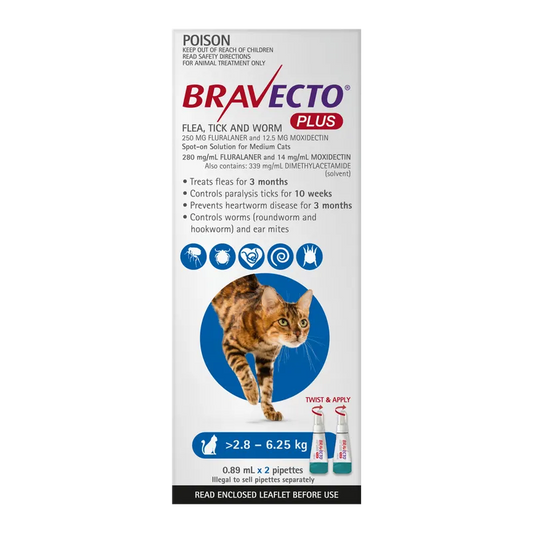 Bravecto Plus Cat Med 2.8Kg - 6.25Kg Blue (2Pk)