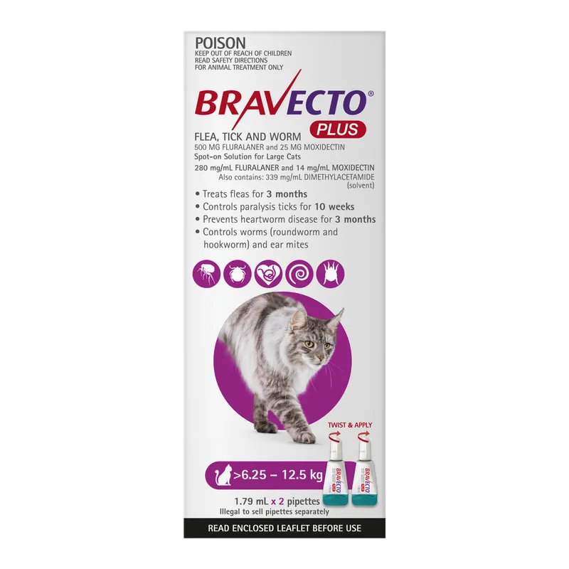 Bravecto Plus Cat Lrg 6.25Kg - 12.5Kg Purple (2Pk)