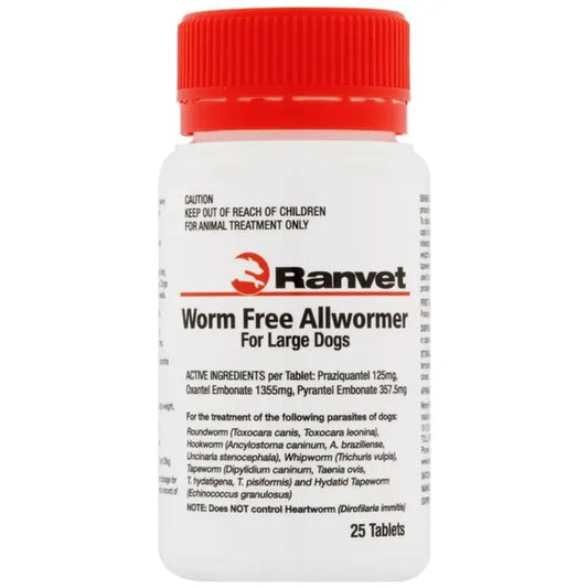 Ranvet Worm Free Allwormer (White Label)25Kg L Dog 25Tabs