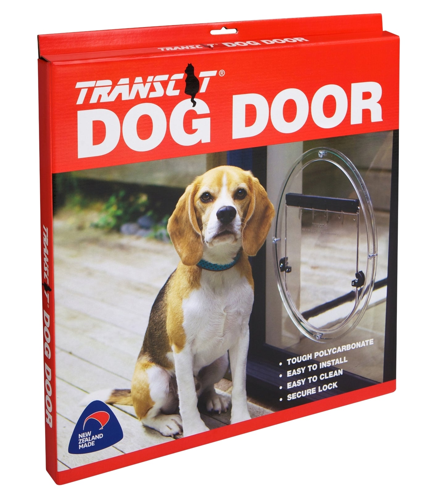 Transcat Dog Door official packaging, clear polycarbonate 4 way locking pet door for glass installation