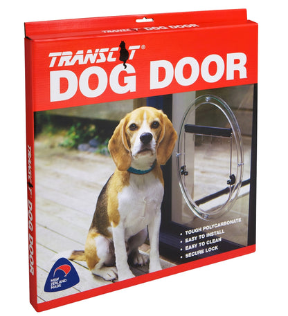 Transcat Dog Door official packaging, clear polycarbonate 4 way locking pet door for glass installation